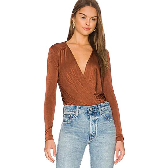 Free People Revolve Turnt Body Suit Orange Brown Draped Plunge Neck Long Sleeve - Picture 1 of 6